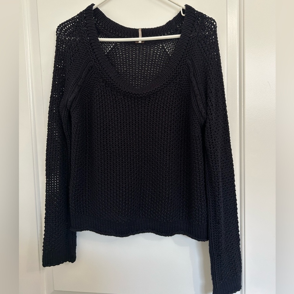 Free People Navy Blue Waffle Knit Dark Knit Sweater size small boho 70s retro